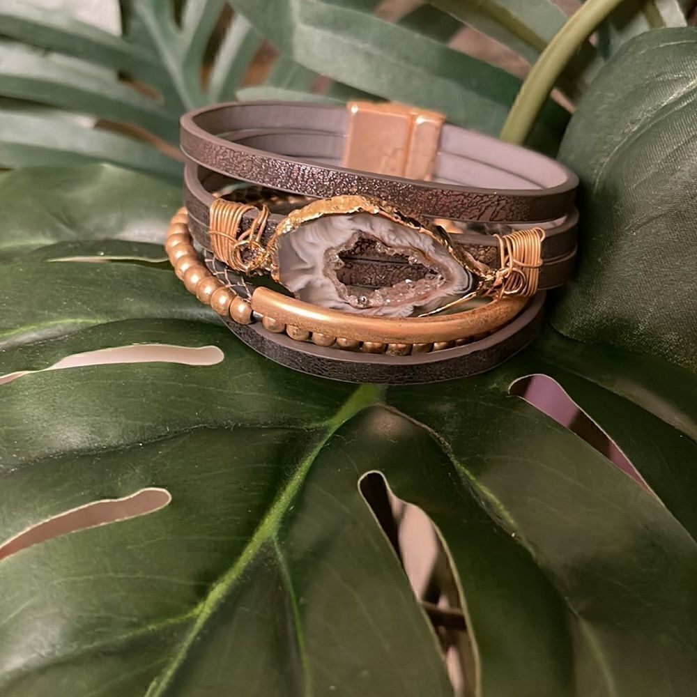 Saachi Optical Stacked Leather Boho Bracelet w/druzy smoky quartz magnetic
